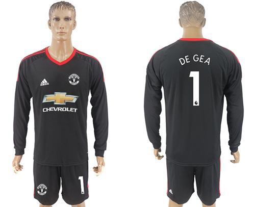 Manchester United #1 De Gea Black Goalkeeper Long Sleeves Soccer Club Jersey - Click Image to Close